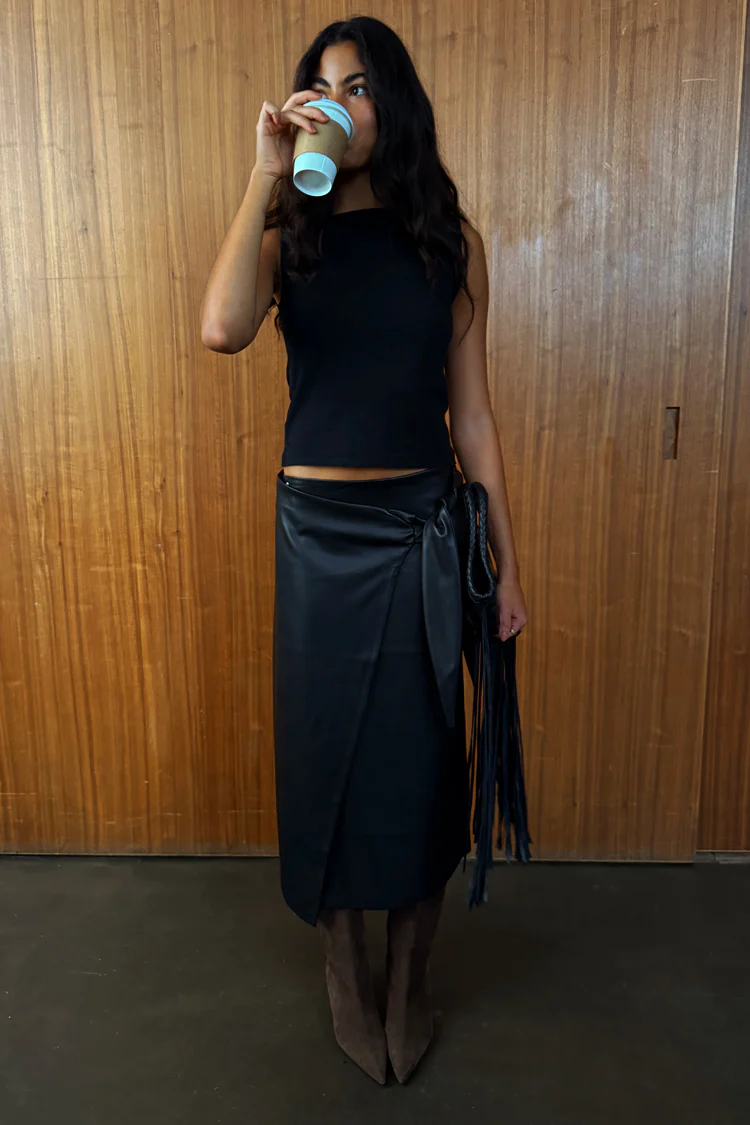 Black Vegan Leather Wrap Skirt - Image 14