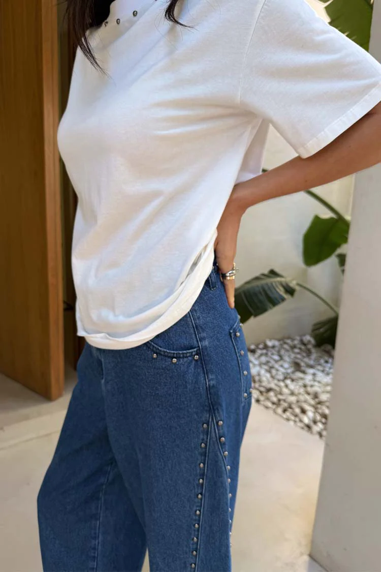 Blue Studded Barrel Jeans - Image 10