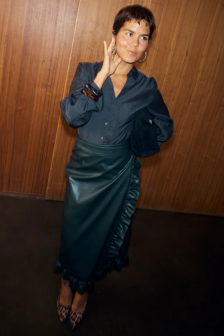 Bottle Green Vegan Leather Ruffle Jaspre Skirt - Image 6