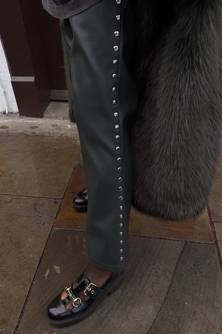 Bottle Green Studded Vegan Leather Trousers - Image 4