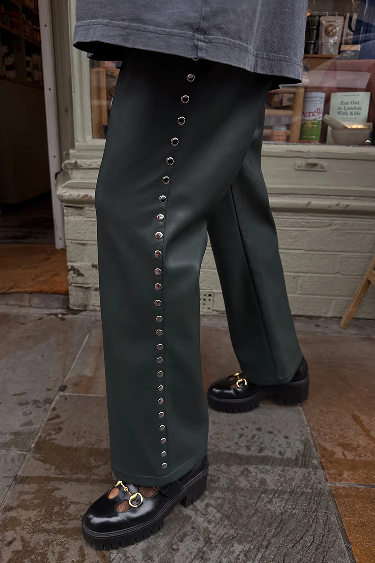 Bottle Green Studded Vegan Leather Trousers - Image 9