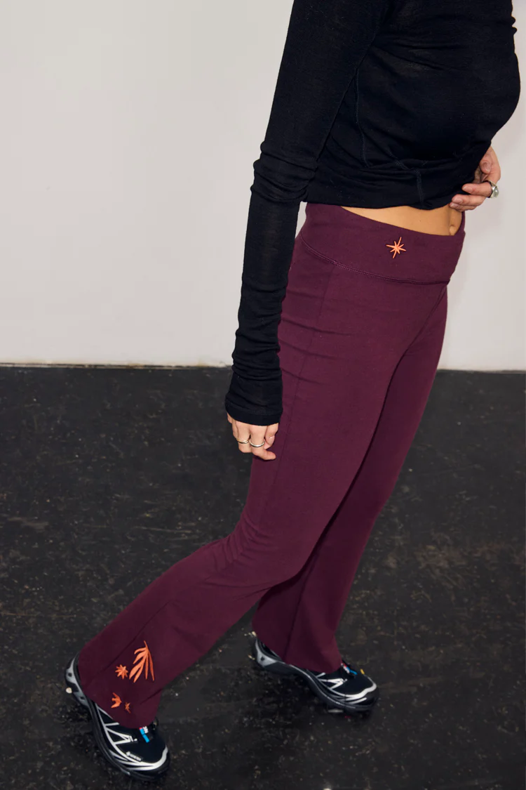 Burgundy Cotton Wide Leg Pants with Coral Embroidery - Image 2