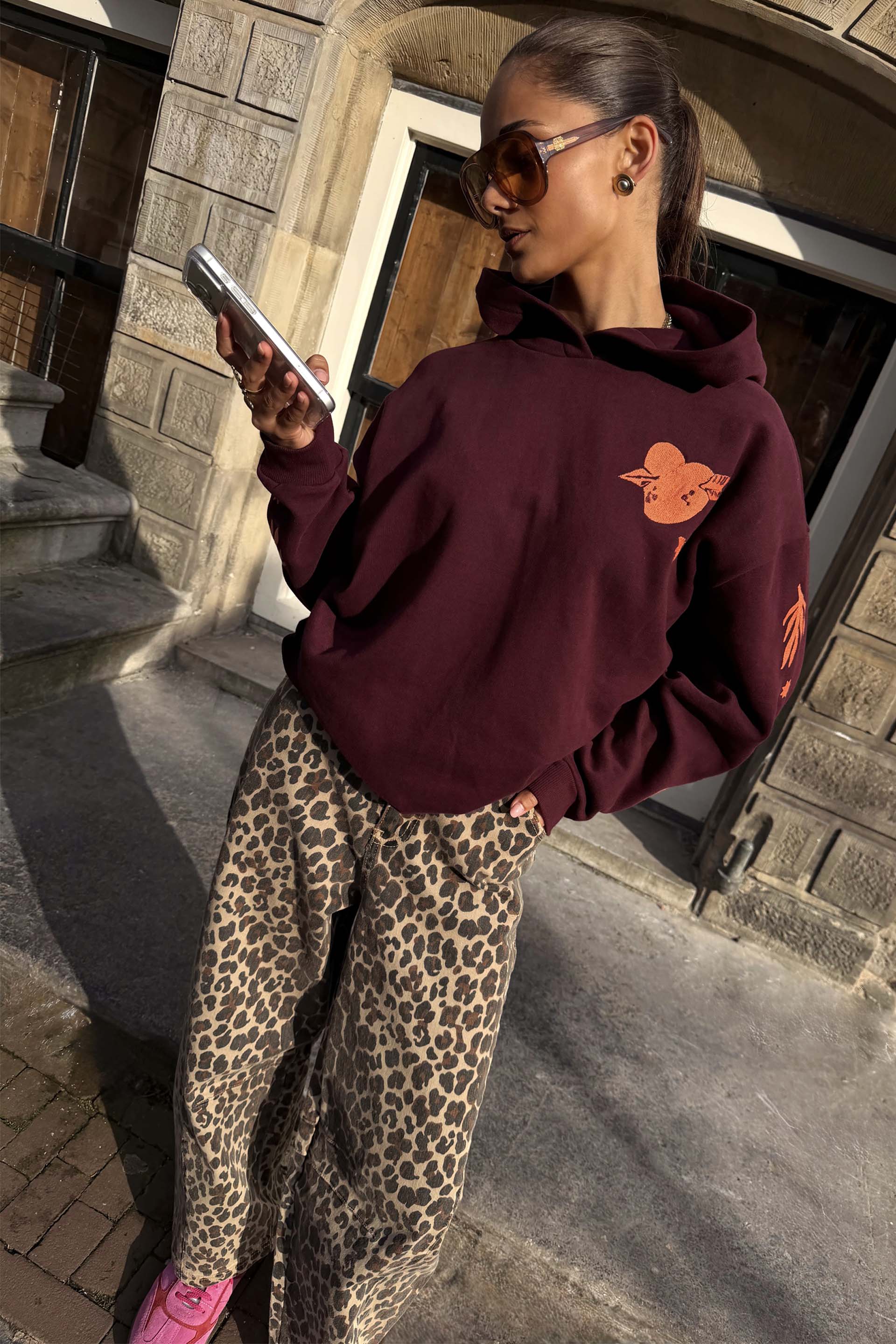 Burgundy Hoodie with Coral Embroidery - Image 2
