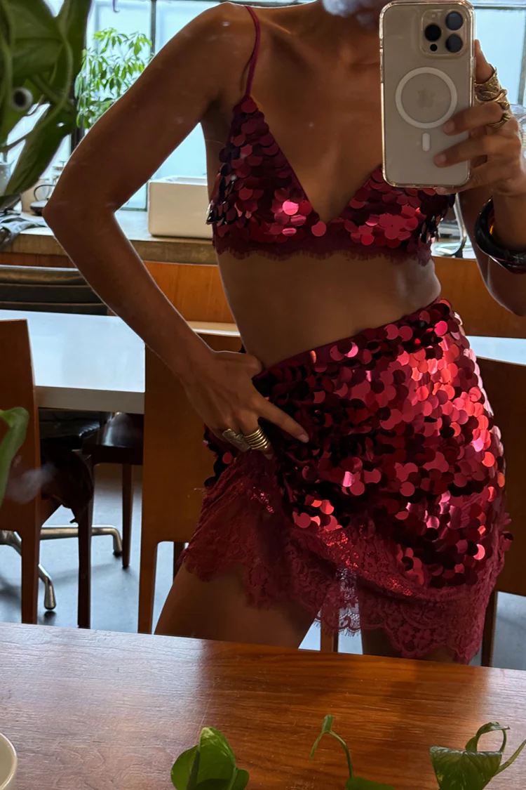 Burgundy Large Sequin Mini Maeva Skirt - Image 5