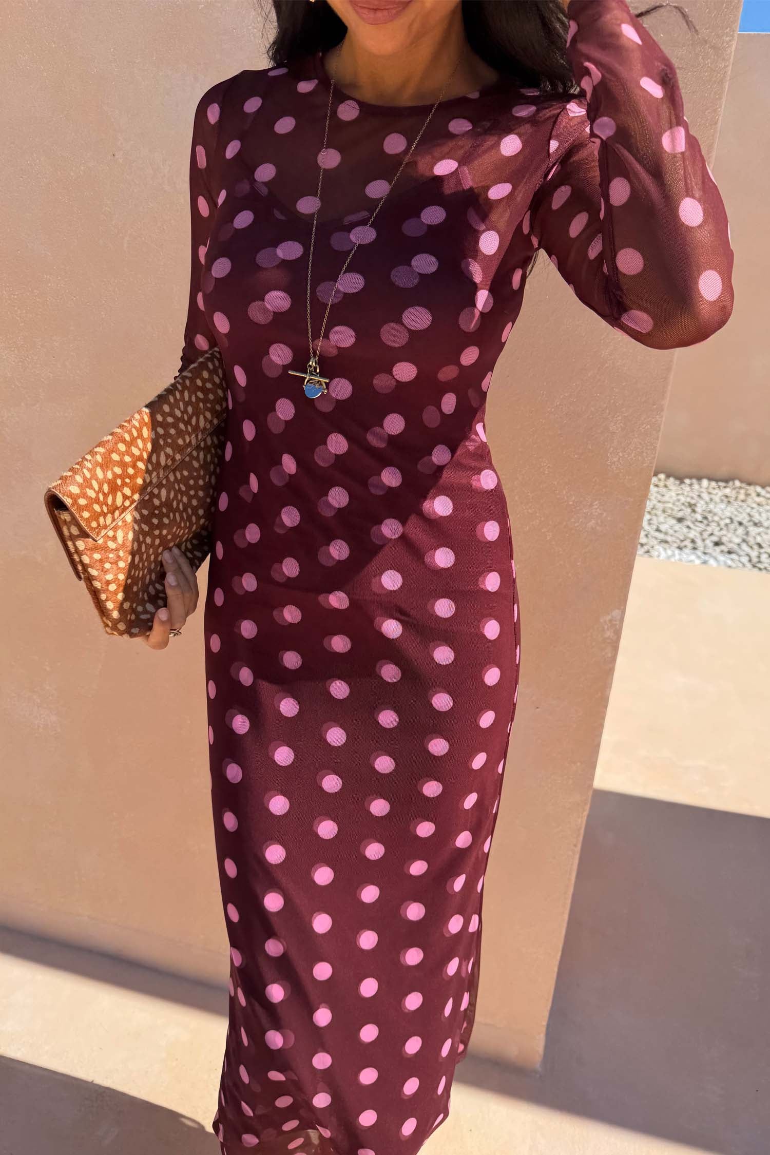 Burgundy Polka Dot Mesh Dress - Image 6