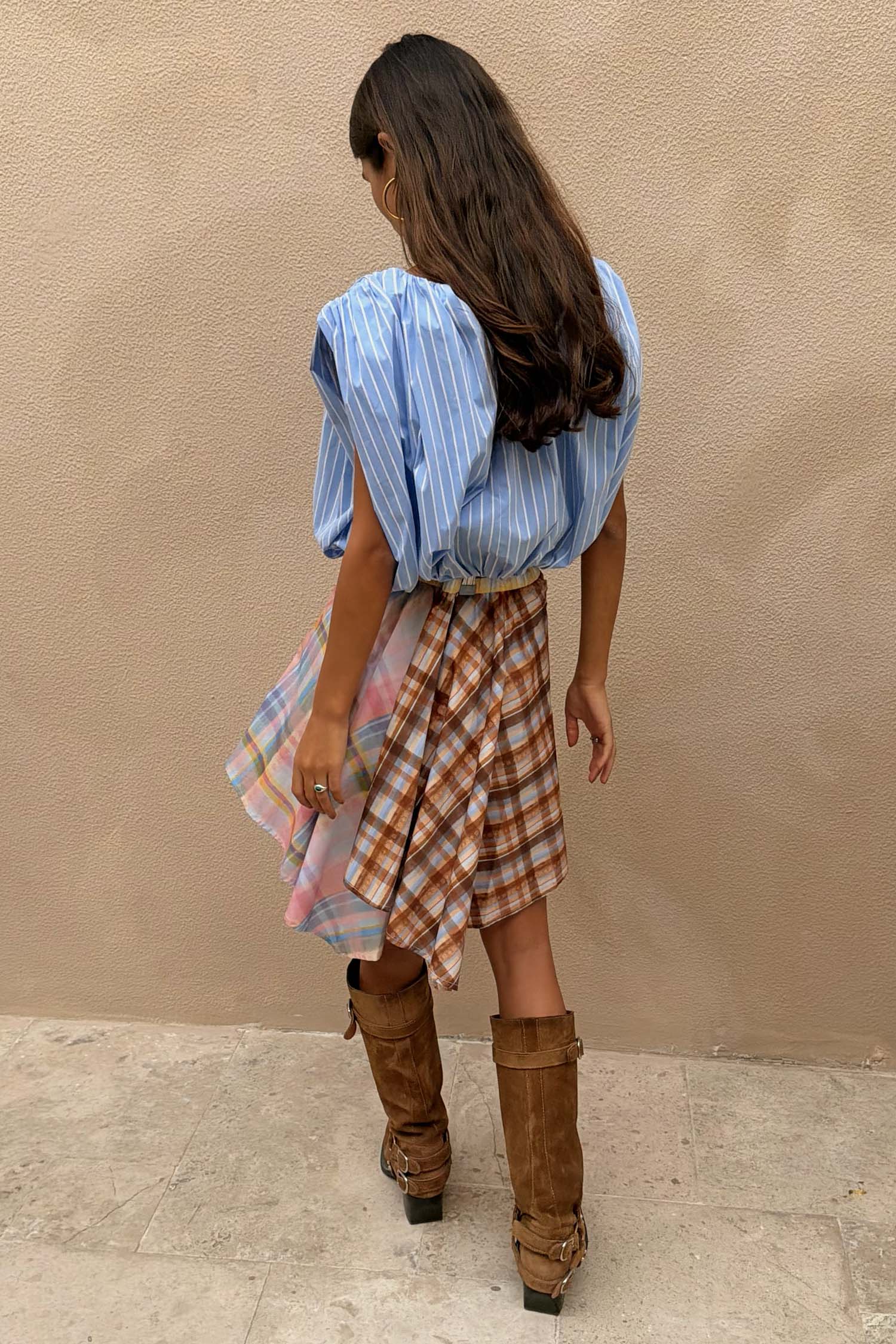 Check Asymmetric Mini Skirt with Stripe Detail - Image 6
