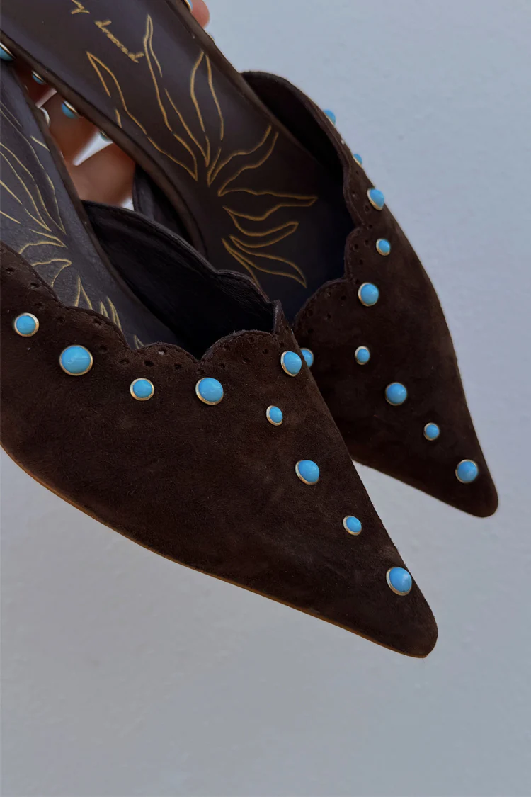 Chocolate Suede Mules with Turquoise Studs - Image 5