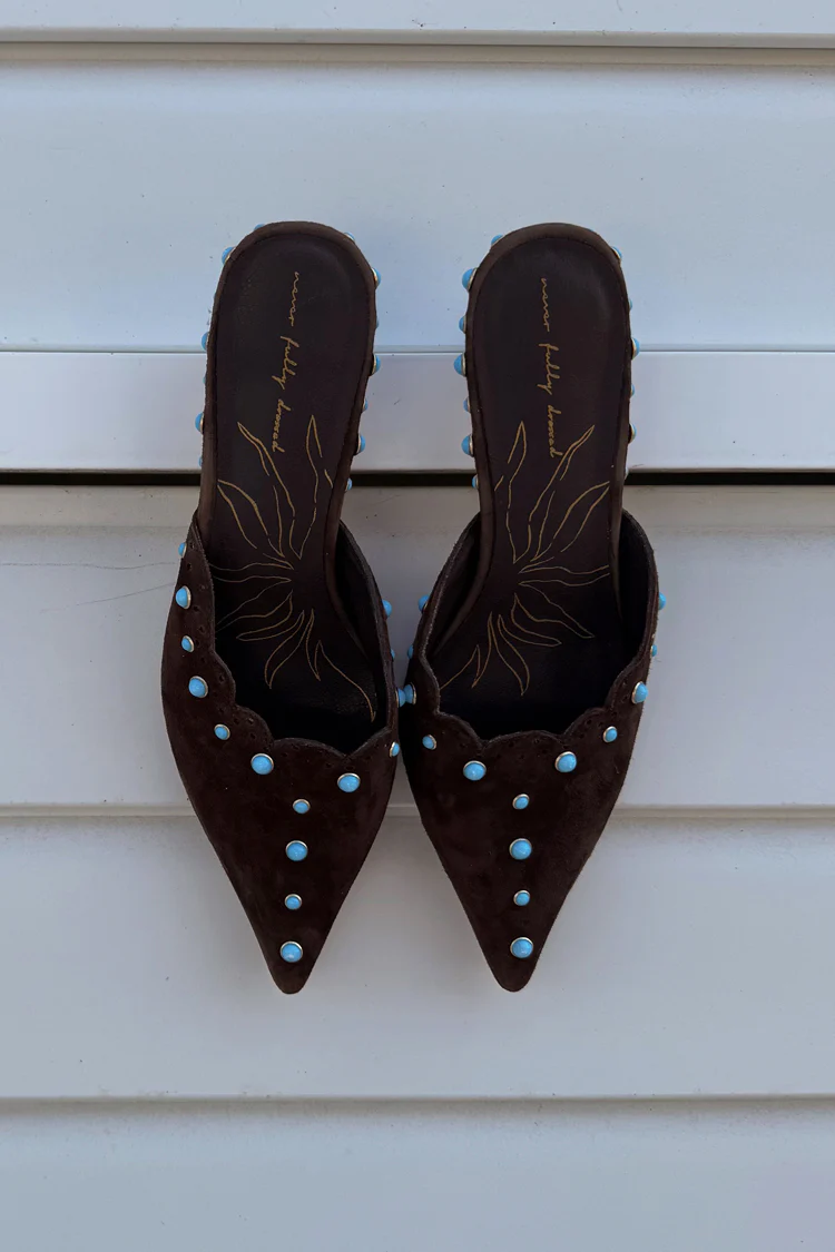 Chocolate Suede Mules with Turquoise Studs - Image 9