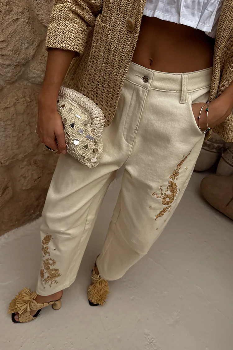 Ecru Raffia Palma Barrel Leg Jeans - Image 3