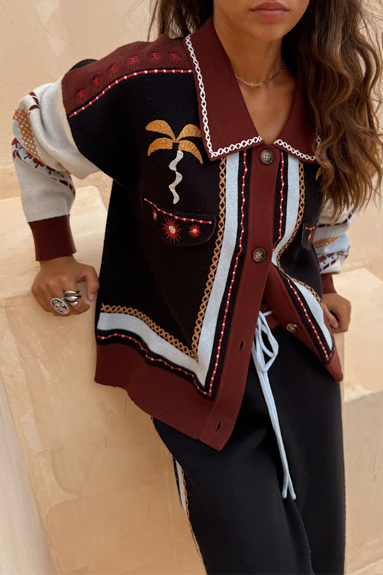 Geometric Knit Cardigan with Embroidery Detail - Image 9
