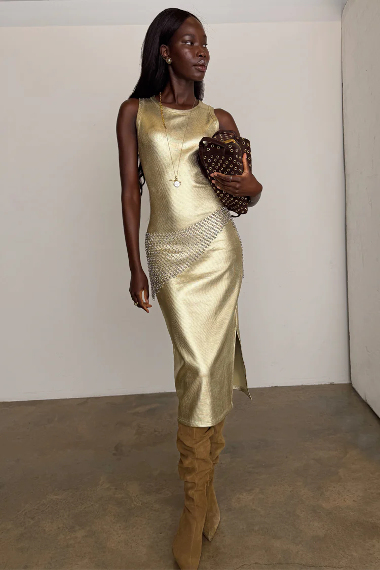 Gold Metallic Ribbed Dress - Image 2