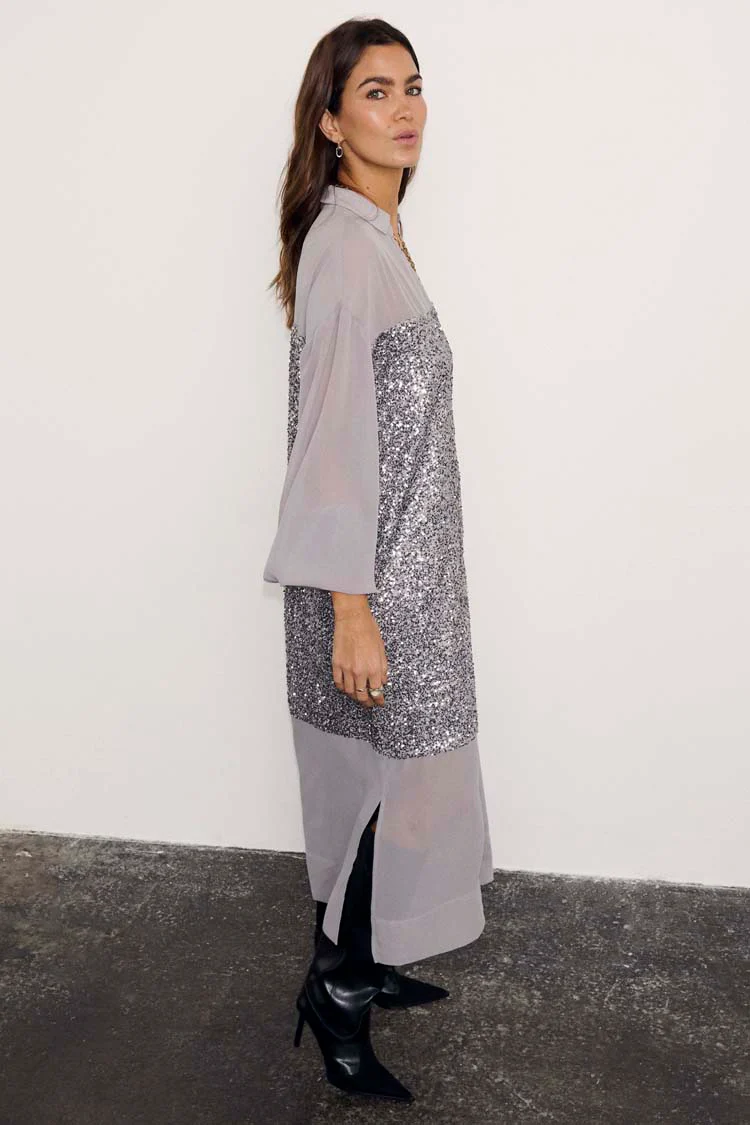 Gunmetal Sequin Lila Shirt Dress - Image 8