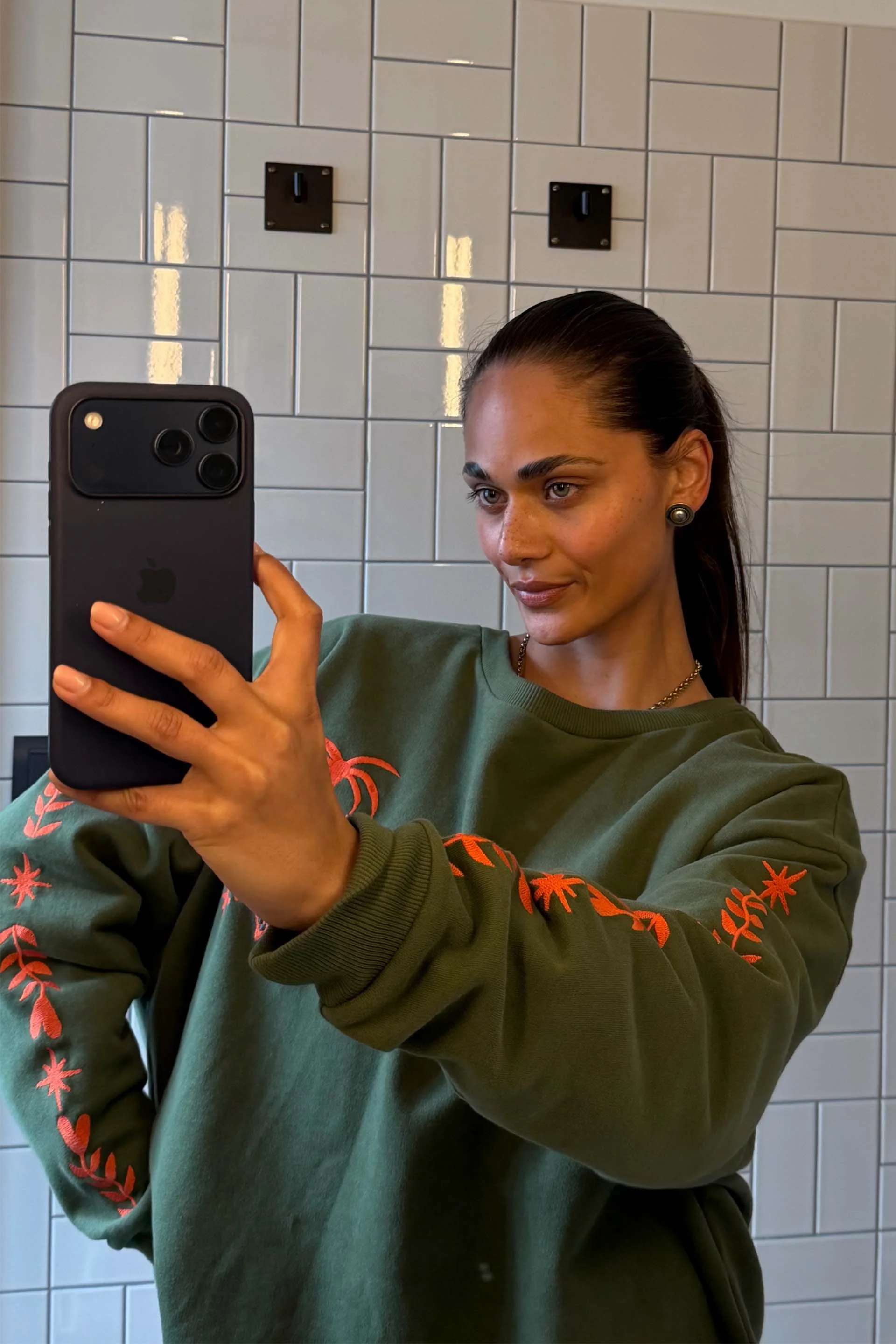 Khaki Sweatshirt with Orange Embroidery - Image 4