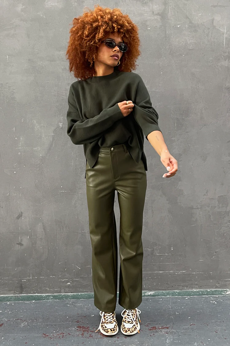 Khaki Vegan Leather Trouser - Image 3