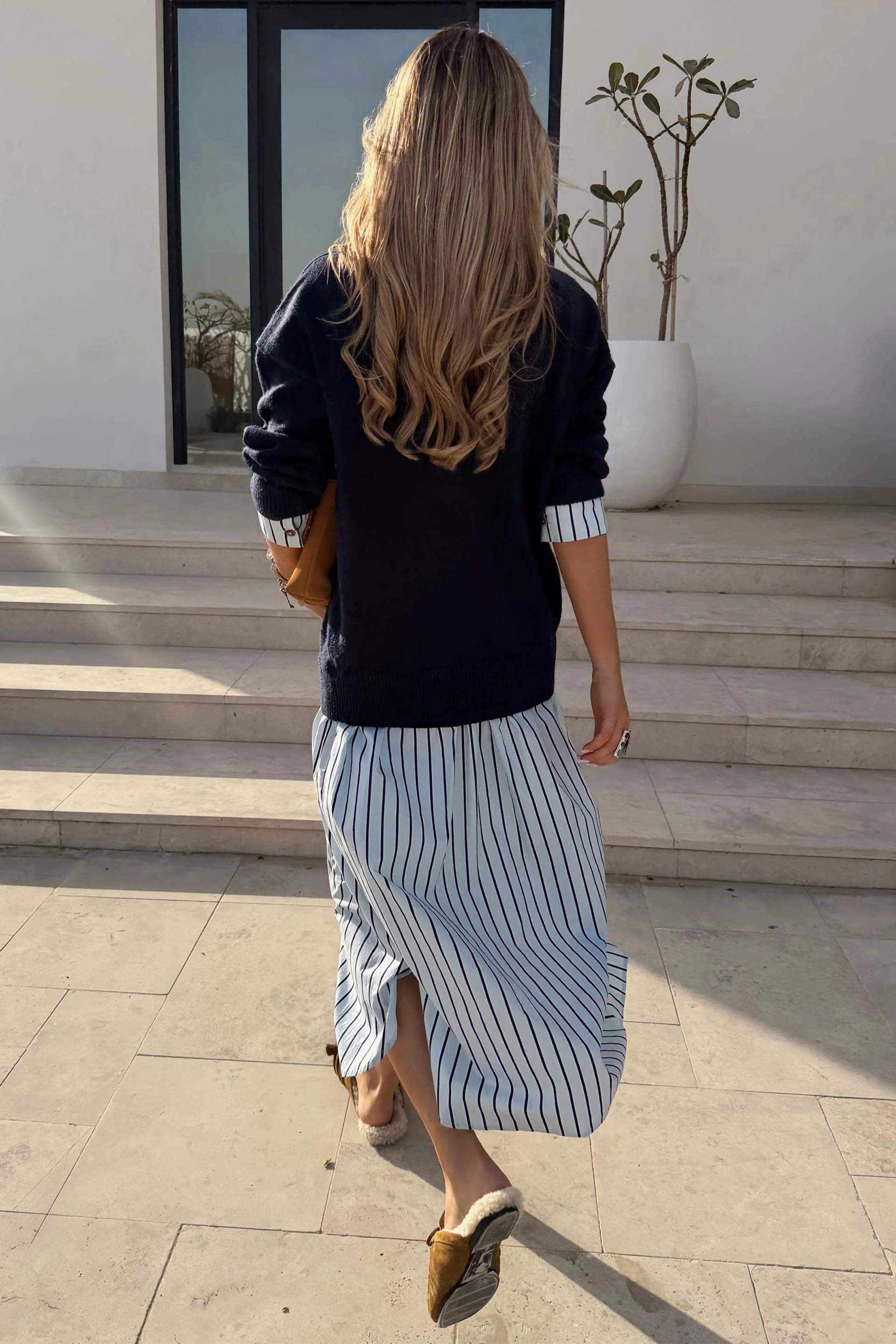 Navy Knit Jumper Dress with Stripe Cotton Skirt - Image 14