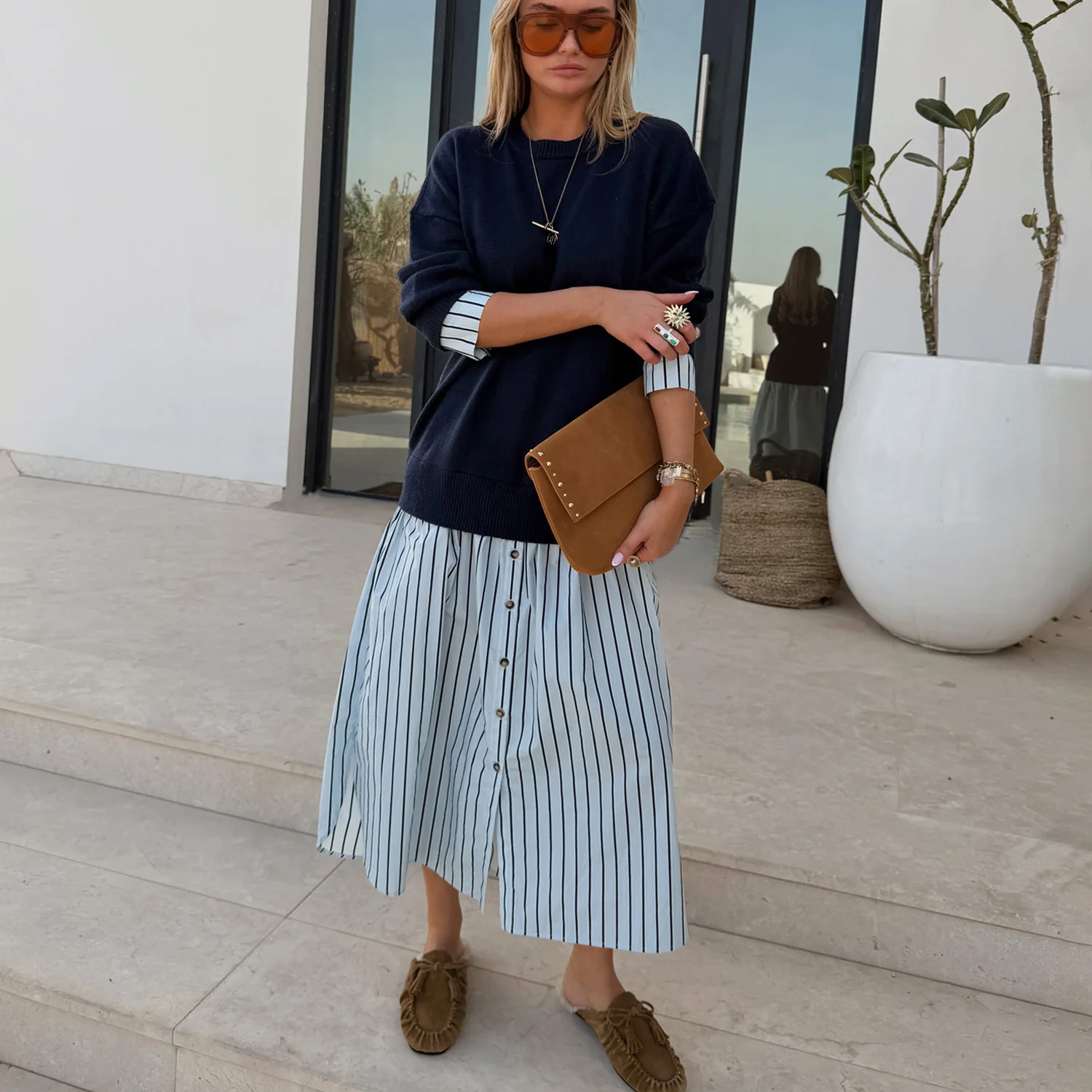 Navy Knit Jumper Dress with Stripe Cotton Skirt - Image 6