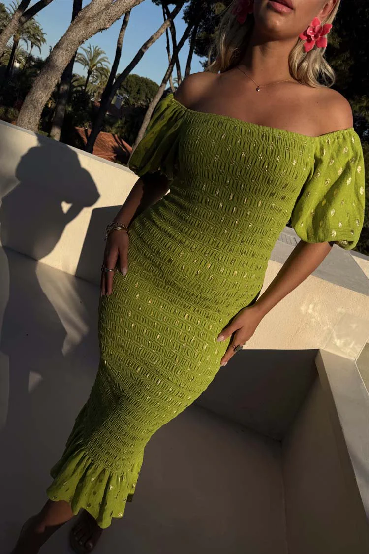 Olive Jojo Dress with Gold Fleck - Image 2