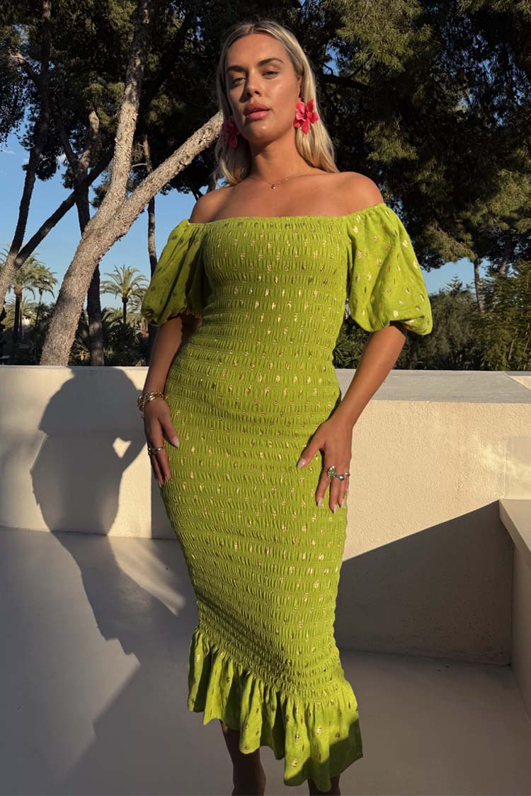 Olive Jojo Dress with Gold Fleck - Image 4