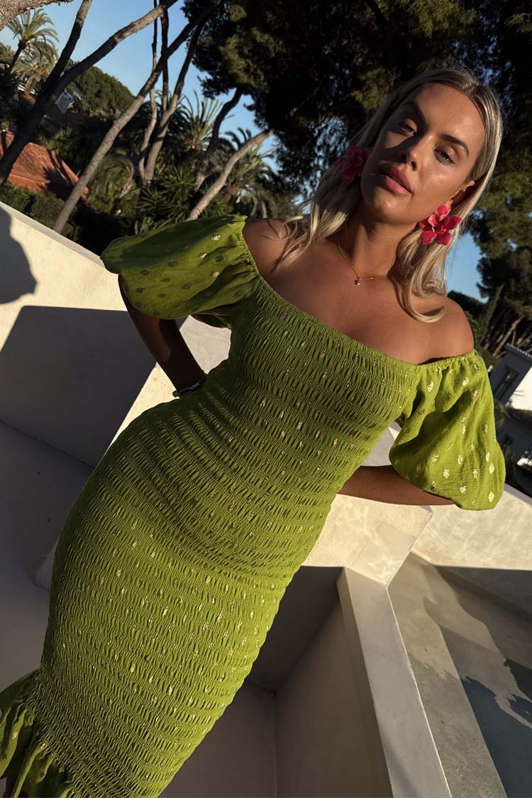 Olive Jojo Dress with Gold Fleck - Image 7
