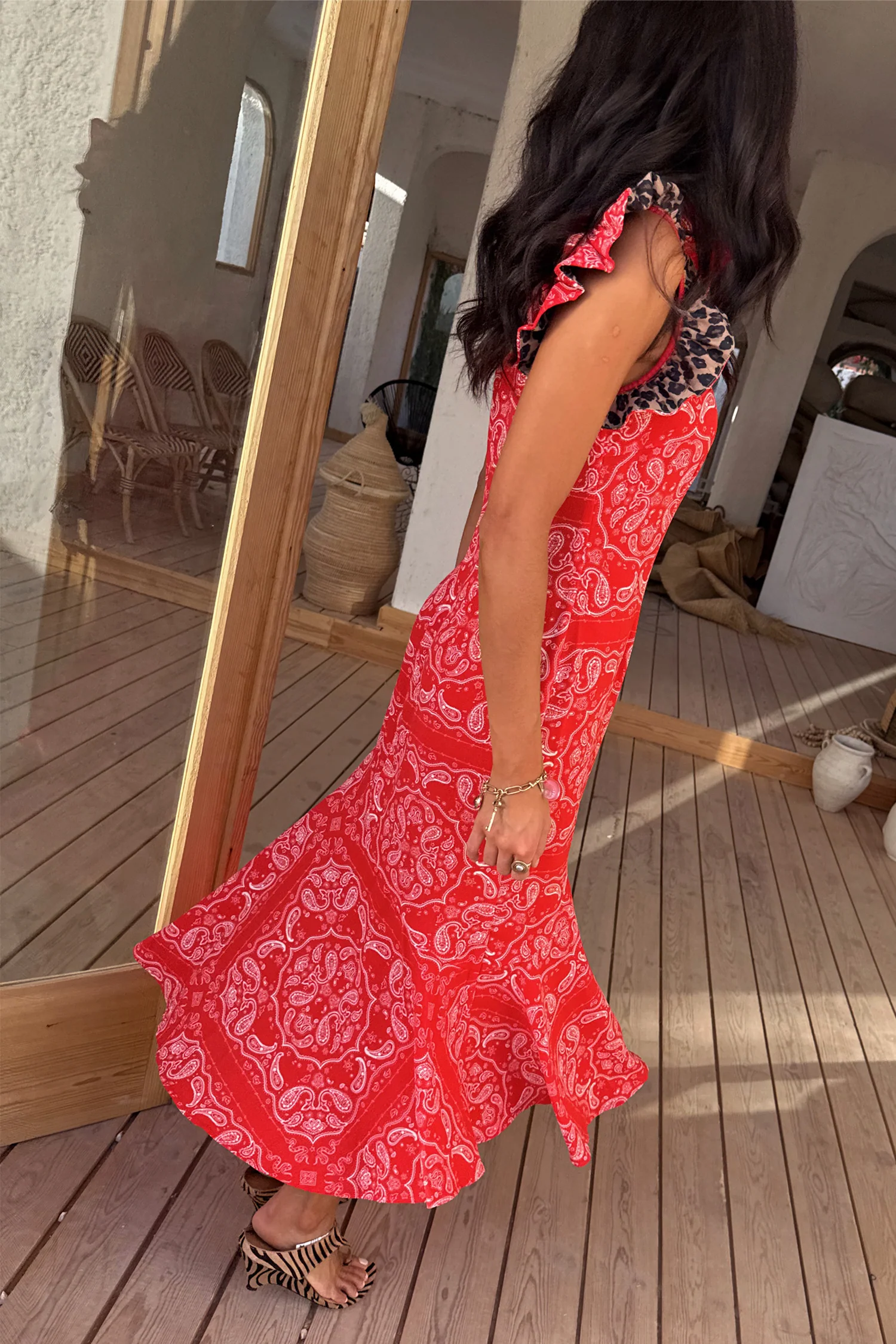 Red Bandana Remi Dress with Leopard Sleeve - Image 5