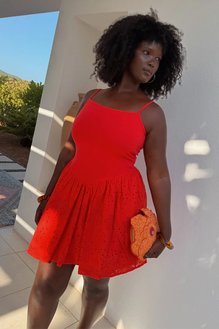 Red Broderie Mini Lola Dress - Image 4