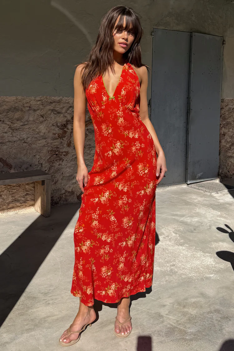 Red Floral Halter Dress - Image 4