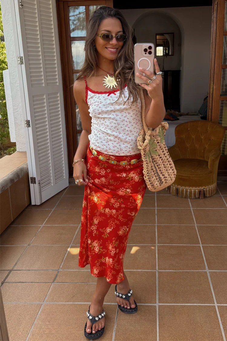 Red Floral Midi Skirt - Image 3