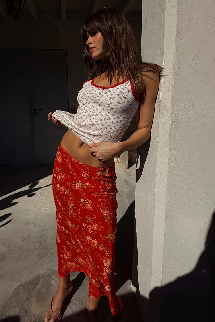 Red Floral Midi Skirt - Image 5