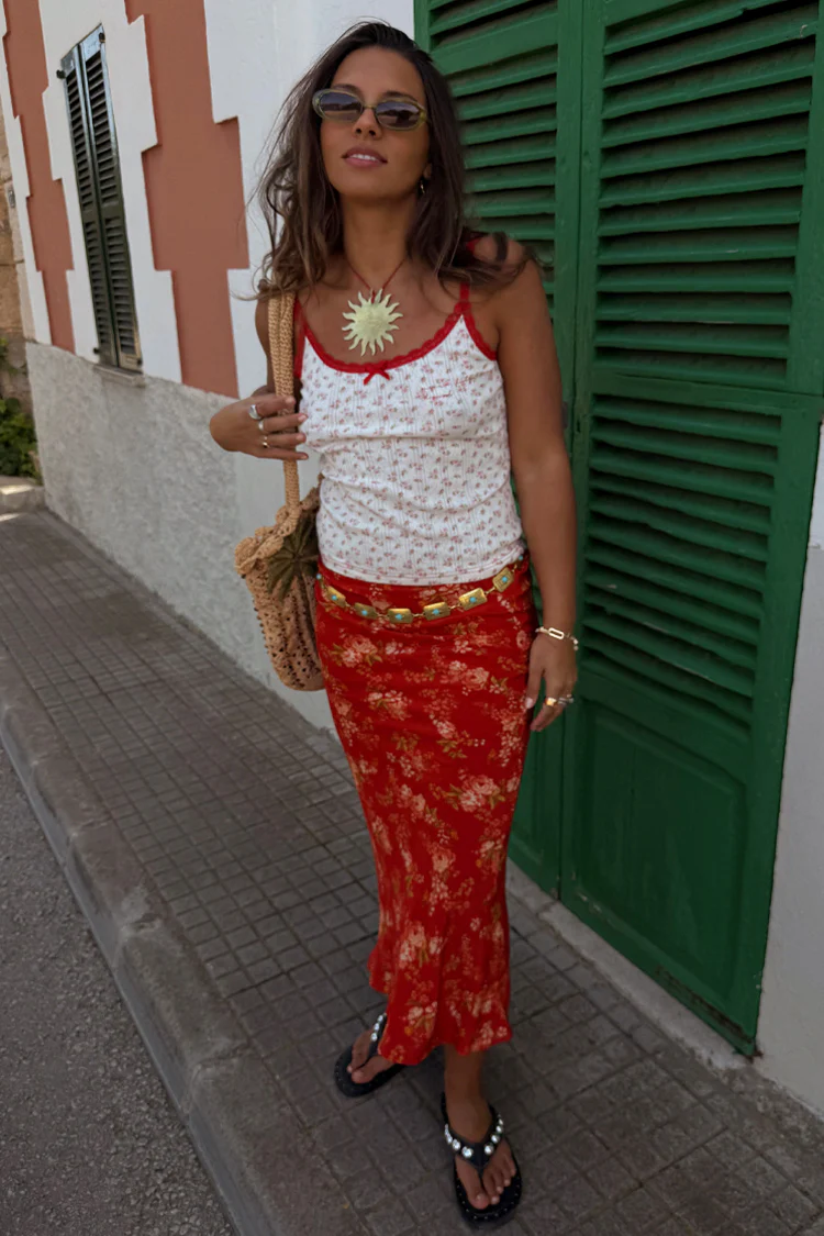 Red Floral Midi Skirt - Image 6
