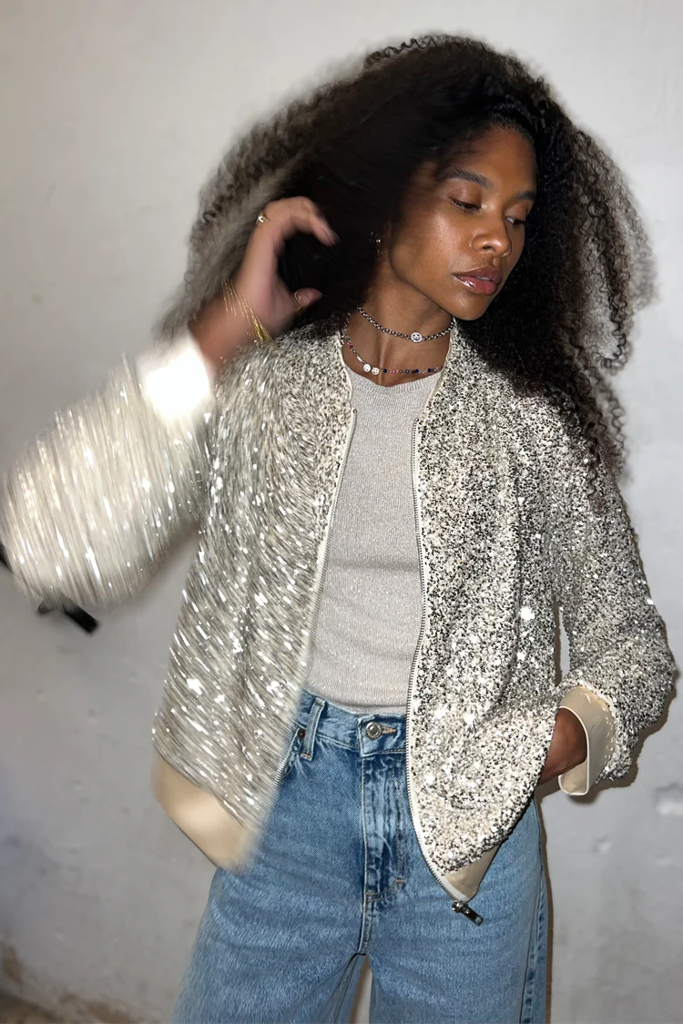 Silver Sequin Bomber Jacket - Image 6