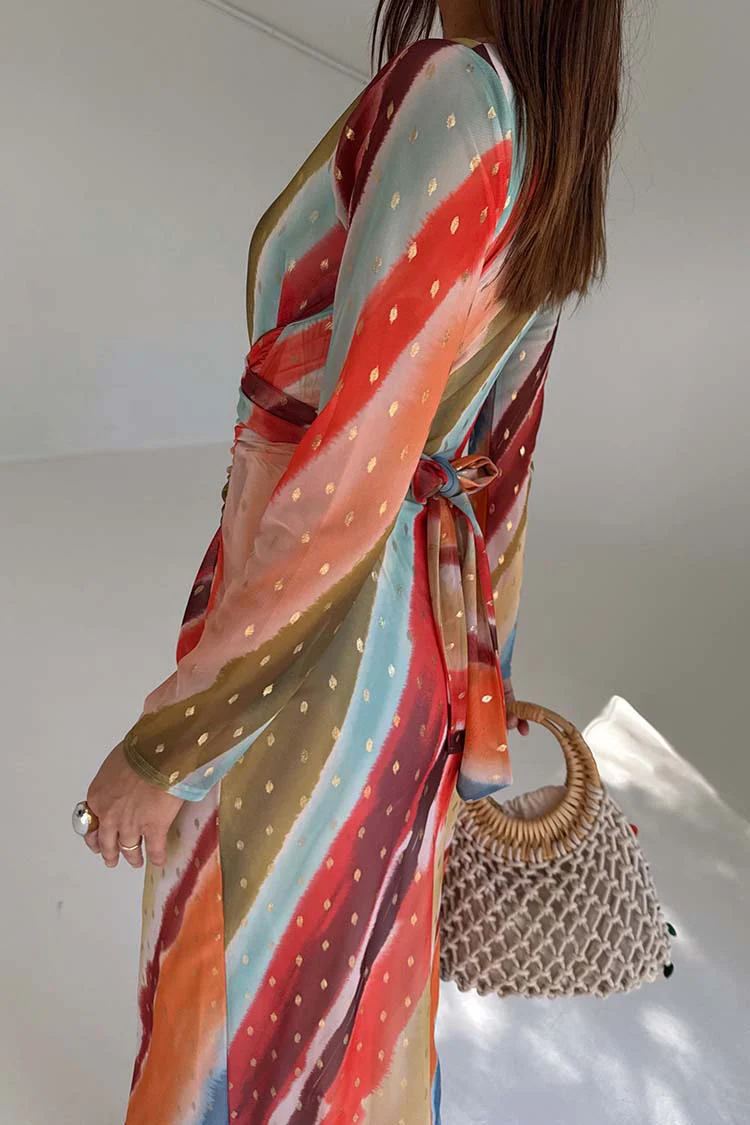Sunset Stripe Mesh Midi Dress - Image 8