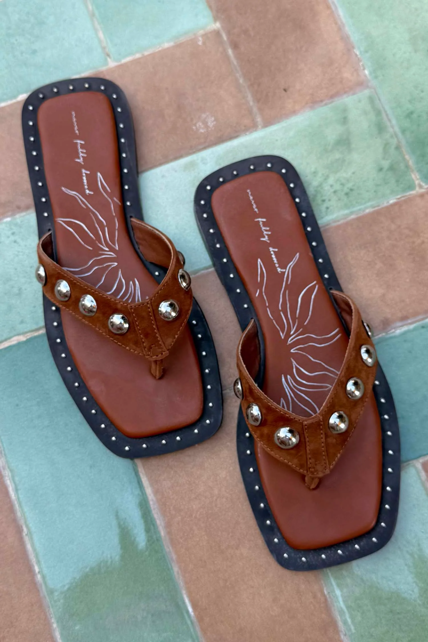 Tan Leather Stud Sandals - Image 2