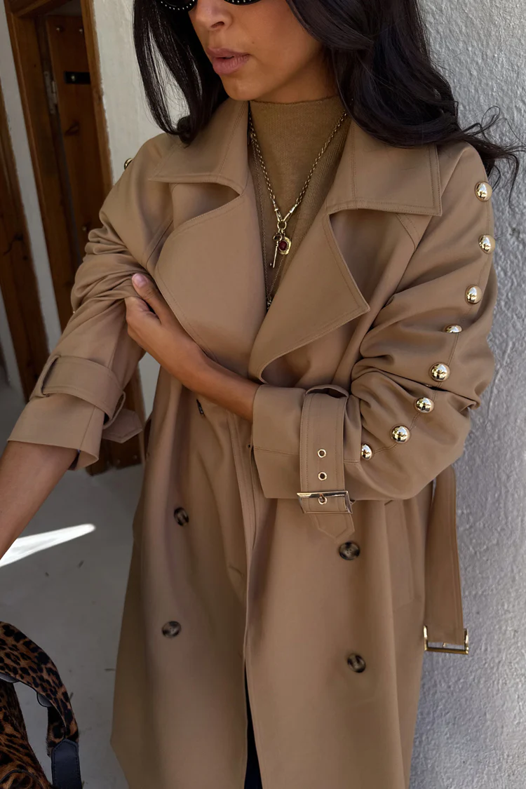 Tan Trench Coat with Gold Studs - Image 3