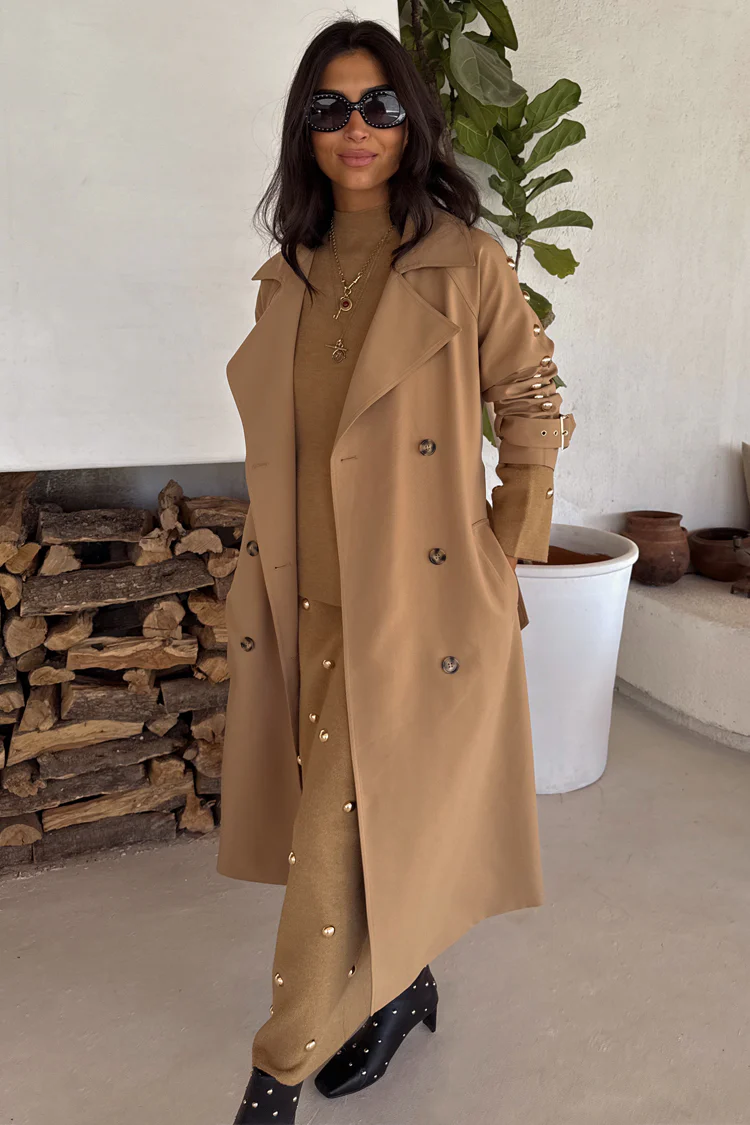 Tan Trench Coat with Gold Studs - Image 4