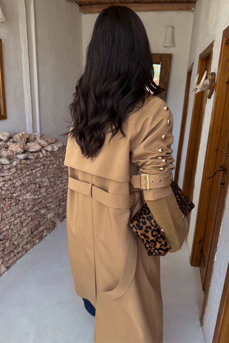 Tan Trench Coat with Gold Studs - Image 9