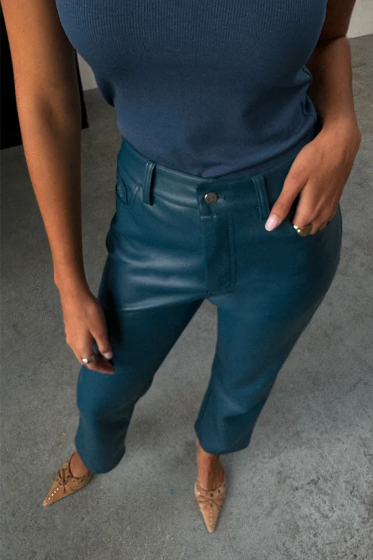 Teal Vegan Leather Trousers - Image 5