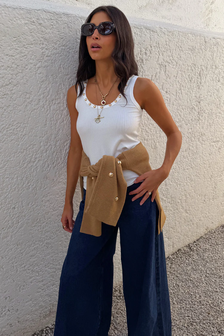 White Studded Rib Vest - Image 8