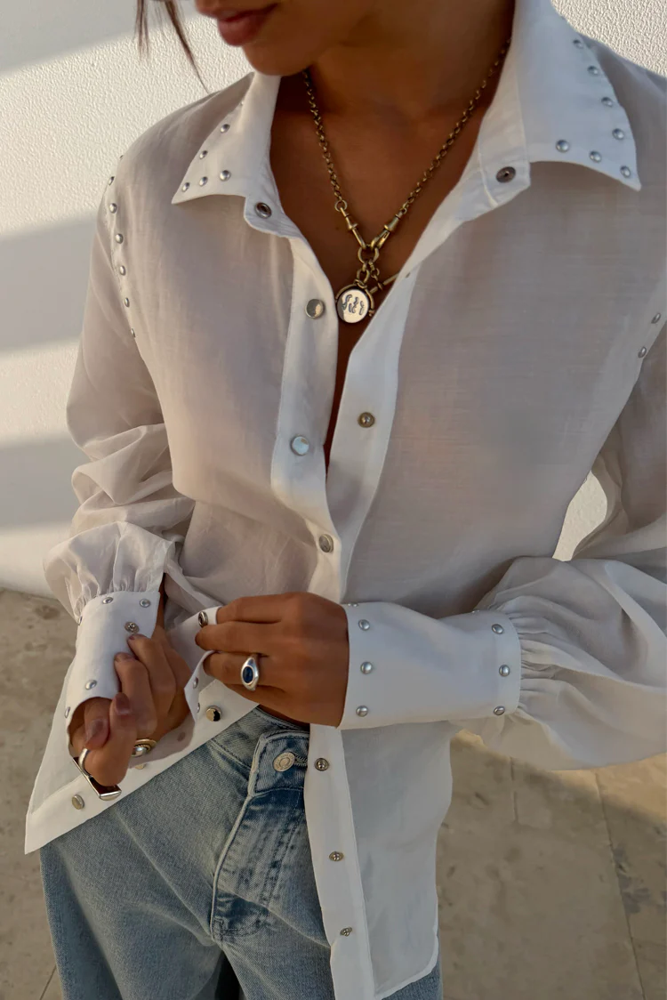 White Studded Tie Back Shirt - Image 3